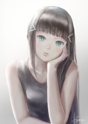 Rule 34 | 1girl, arm support, bad id, bad pixiv id, black tank top, brown hair, closed mouth, commentary, gradient background, green eyes, grey background, hair ornament, hairclip, head in hand, head rest, head tilt, highres, kurosawa dia, long hair, looking at viewer, love live!, love live! sunshine!!, mole, mole under mouth, papi (papiron100), sidelocks, signature, solo, tank top, very long hair