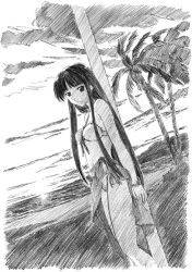Rule 34 | 1girl, aoyama motoko, bikini, black hair, blunt bangs, bracelet, breasts, closed mouth, commentary, expressionless, greyscale, jewelry, long hair, looking at viewer, love hina, medium breasts, monochrome, navel, ocean, palm tree, shin hen mori hisa, sidelocks, solo, standing, swimsuit, tree