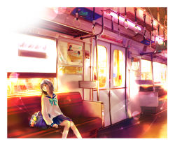 Rule 34 | 1girl, brown hair, natsukawa kou, original, school uniform, serafuku, short hair, sitting, solo, train, train interior