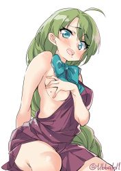Rule 34 | 1girl, ahoge, bad id, bad twitter id, bare shoulders, blue bow, blue bowtie, blue eyes, blush, bow, bowtie, braid, breasts, covering privates, covering breasts, cowboy shot, dress, ebifurya, green hair, highres, inactive account, kantai collection, long hair, looking at viewer, medium breasts, mole, mole on breast, mole under mouth, open mouth, pink dress, single braid, sleeveless, sleeveless dress, solo, twitter username, very long hair, yuugumo (kancolle)