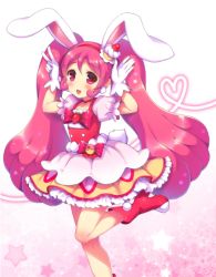 Rule 34 | 10s, 1girl, animal ears, bad id, bad pixiv id, blush, boots, cake hair ornament, cure whip, earrings, extra ears, food-themed hair ornament, gloves, hair ornament, heart, jewelry, kirakira precure a la mode, long hair, looking at viewer, magical girl, open mouth, pink eyes, pink hair, pom pom (clothes), pom pom earrings, precure, rabbit ears, rabbit tail, red footwear, sakura puchirou, smile, solo, standing, standing on one leg, star (symbol), tail, twintails, usami ichika, v, white gloves