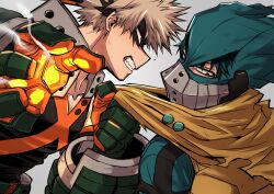 Rule 34 | 2boys, angry, backpack, bag, bakugou katsuki, belt, black mask, black tank top, blonde hair, bodysuit, boku no hero academia, cape, cape grab, cape lift, chiyaya, clenched teeth, covered face, explosive, eye mask, face-to-face, from side, gloves, glowing, glowing hand, green bodysuit, green eyes, green gloves, green hair, green mask, grenade, grey background, hair through headwear, hands up, headgear, highres, imminent explosion, looking at another, looking to the side, male focus, midoriya izuku, multiple boys, narrowed eyes, official alternate costume, orange gloves, profile, red eyes, sanpaku, short hair, simple background, smoke, spiked hair, spoilers, tank top, teeth, two-tone gloves, upper body, v-neck, x, yellow bag, yellow cape
