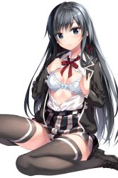 Rule 34 | 1girl, black footwear, black hair, black jacket, black thighhighs, blazer, blue eyes, blush, bow, bow bra, bowtie, bra, breasts, breasts apart, closed mouth, clothes pull, collared shirt, commentary, frilled bra, frills, hair ribbon, hands up, head tilt, jacket, loafers, long hair, long sleeves, looking at viewer, medium breasts, miniskirt, multicolored clothes, multicolored skirt, open clothes, open jacket, open shirt, oryo (oryo04), partially unbuttoned, red bow, red bowtie, red ribbon, ribbon, school uniform, shirt, shirt pull, shirt tucked in, shoes, sidelocks, simple background, sitting, skirt, solo, striped clothes, striped skirt, thighhighs, underwear, undressing, wariza, white background, white bra, white shirt, wing collar, yahari ore no seishun lovecome wa machigatteiru., yukinoshita yukino