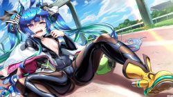 Rule 34 | 1girl, absurdres, ahoge, animal ears, ass, bad id, bad pixiv id, black bodysuit, blue eyes, blue hair, bodysuit, breasts, cameltoe, heterochromia, highres, horse ears, horse girl, leather, long hair, looking at viewer, messy hair, open mouth, purple eyes, sharp teeth, shiny clothes, shiny skin, sidelocks, sitting, skin tight, small breasts, solo, spread legs, sweat, teeth, twin turbo (umamusume), twintails, umamusume, zzo0