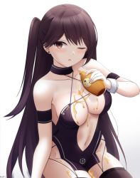 Rule 34 | 1girl, ;o, arm strap, azur lane, bare shoulders, black choker, black hair, black thighhighs, brown eyes, center opening, choker, criss-cross halter, earrings, halterneck, highres, jewelry, keenh, long hair, looking at viewer, navel, one eye closed, one side up, parted lips, pelvic curtain, pouring, pouring onto self, race queen, revealing clothes, solo, stomach, thighhighs, thighs, very long hair, wrist cuffs, zuikaku (azur lane), zuikaku (the wind&#039;s true name) (azur lane)