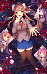 Rule 34 | 4girls, blue eyes, blue skirt, blush, breasts, brown hair, button shirt, closed mouth, collar, doki doki literature club, dot nose, drawing (object), eyebrows, eyelashes, flower, glitch, green eyes, hand on own chest, highres, kamaniki, lace-trimmed collar, lace trim, large breasts, long hair, matching hair/eyes, monika (doki doki literature club), multiple girls, natsuki (doki doki literature club), open mouth, pink eyes, pink hair, ponytail, purple eyes, purple hair, reaching, reaching towards viewer, sayori (doki doki literature club), skirt, thighhighs, thighs, very long hair, watermark, yuri (doki doki literature club)