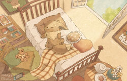 Rule 34 | :3, artist name, bedroom, blanket, book, bookshelf, bulletin board, chair, closed eyes, closed mouth, commentary request, creatures (company), cup, day, ears down, eevee, flower, frilled pillow, frills, game freak, gen 1 pokemon, gen 2 pokemon, handheld game console, heart, heart-shaped pillow, highres, indoors, light particles, light rays, lying, mian (user kwcj2833), nintendo, nintendo switch, no humans, on back, open window, paper, picture frame, pillow, poke ball, poke ball (basic), pokemon, pokemon (creature), polka dot pillow, rug, saucer, signature, sleeping, smile, stuffed animal, stuffed toy, table, tea, teacup, teapot, teddiursa, teddy bear, twitter username, vase, white flower, window, wooden floor, yellow flower