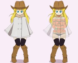 Rule 34 | 1girl, :3, arms behind back, bdsm, black thighhighs, blonde hair, blue eyes, bondage, boots, bound, choker, coat, concealed, cowboy hat, crotch rope, discreet vibrator, gisoukousoku, hat, see-through, sex toy, shibari, simple background, smile, thighhighs, vibrator