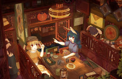 Rule 34 | 2girls, :t, absurdres, animal ears, barefoot, blonde hair, blue dress, blue hair, blush, bowl, brown headwear, commentary request, cup, dango, dress, drinking glass, ekaapetto, flat cap, food, hair between eyes, hat, highres, indoors, kine, long hair, looking at another, mallet, midriff, mitarashi dango, multi-tied hair, multiple girls, open mouth, orange shirt, plate, pointing, puffy short sleeves, puffy sleeves, rabbit ears, red eyes, ringo (touhou), seiran (touhou), shirt, short hair, short sleeves, shorts, smile, spoon, striped, table, touhou, vertical stripes, wagashi, yellow shorts