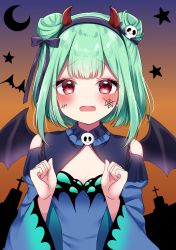 Rule 34 | 1girl, absurdres, animal print, bad id, bad pixiv id, blue dress, blue hairband, blue ribbon, blue sleeves, blush, butterfly print, demon horns, demon wings, detached collar, detached sleeves, double bun, dress, embarrassed, facial mark, fake horns, fang, flat chest, green hair, hair bun, hair ornament, hair ribbon, hairband, halloween, highres, hololive, horns, juliet sleeves, long sleeves, looking at viewer, medium hair, puffy sleeves, red eyes, red horns, ribbon, shinonome asu, skull hair ornament, solo, strapless, strapless dress, uruha rushia, uruha rushia (1st costume), virtual youtuber, wide sleeves, wings