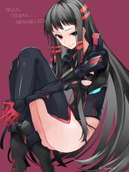 Rule 34 | 1girl, ar tonelico, ar tonelico ii, black hair, black leotard, boots, breasts, character name, gloves, highres, hugging own legs, jakuri (ar tonelico), leotard, long hair, red background, red eyes, red gloves, small breasts, smile, thigh boots, twitter username, zyoto24