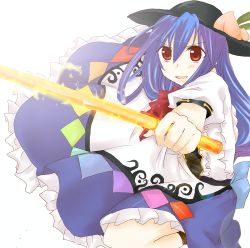 Rule 34 | 1girl, bad id, bad pixiv id, blue hair, female focus, hat, hinanawi tenshi, long hair, poprication, red eyes, solo, sword, sword of hisou, touhou, weapon, white background