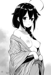 Rule 34 | 1girl, ahoge, braid, breasts, breasts out, greyscale, hair flaps, hair ornament, kantai collection, lifting own clothes, long hair, mae (maesanpicture), medium breasts, monochrome, navel, nipples, open clothes, robe, shigure (kancolle), simple background, single braid, solo
