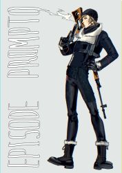 Rule 34 | beanie, boots, coat, final fantasy, final fantasy xv, full body, fur trim, gloves, gun, hand on own hip, handgun, hat, mad369, male focus, prompto argentum, rifle, smoke, smoking barrel, solo, standing, weapon, weapon on back, winter clothes, winter coat