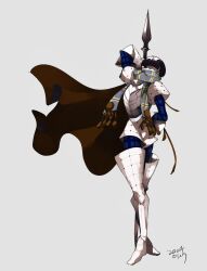 Rule 34 | 1boy, 2024, black hair, boots, brown cape, cape, commentary request, dated, eien12m, full body, grey eyes, highres, holding, holding polearm, holding weapon, male focus, polearm, scarf, scarf over mouth, setanta, shin megami tensei, short hair, simple background, solo, spear, standing, thigh boots, weapon, white background, white footwear