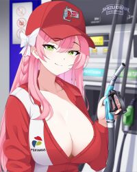 Rule 34 | 1girl, ahoge, alternate costume, baseball cap, blue archive, blurry, bow, braid, brand name imitation, breasts, cleavage, collarbone, commentary, depth of field, english commentary, gas station, green eyes, hair between eyes, hair bow, hair ribbon, hanako (blue archive), hat, highres, holding, holding hose, hose, indonesia, large breasts, long hair, long sleeves, looking at viewer, pink hair, ribbon, shizudraw, sidelocks, single braid, smile, solo, store clerk