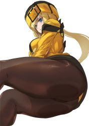 Rule 34 | 1girl, against glass, ashiomi masato, ass, ass press, blonde hair, blue eyes, blush, breasts, brown pantyhose, from below, guilty gear, guilty gear xrd, hat, highres, large breasts, long hair, looking at viewer, millia rage, pantyhose, see-through, shiny clothes, sitting, solo, thighs, very long hair, white background, yellow hat