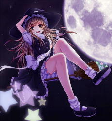 Rule 34 | 1girl, blonde hair, broom, broom riding, brown eyes, dress, hat, kirisame marisa, long hair, looking at viewer, mary janes, meng xiao jiong, moon, night, outdoors, shoes, solo, star (symbol), touhou, witch hat