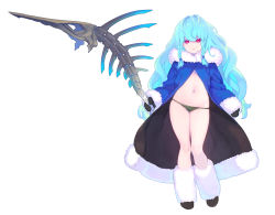 Rule 34 | 1girl, absurdres, big hair, black gloves, black panties, blue hair, boots, braid, closed mouth, coat, commentary request, contrapposto, dungeon maker, enkyo yuuichirou, expressionless, full body, fur boots, fur trim, gloves, highres, holding, long hair, long sleeves, looking at viewer, mittens, navel, panties, pink eyes, simple background, solo, standing, underwear, white background