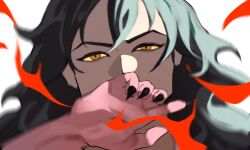 Rule 34 | 1boy, alternate eye color, black claws, black hair, claws, covering own mouth, highres, kouzuki momonosuke, long hair, looking at viewer, male focus, one piece, orange eyes, simple background, solo, ttt-oo552, white background
