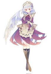 Rule 34 | 1girl, alternate costume, apron, boots, braid, brown footwear, closed mouth, corrupted twitter file, cross-laced footwear, dress, enmaided, feathered wings, full body, grey hair, highres, juliet sleeves, kishin sagume, knee boots, lace-up boots, long sleeves, maid, maid apron, maid headdress, nikorashi-ka, puffy sleeves, purple dress, red eyes, short hair, simple background, single wing, solo, touhou, white apron, white background, white wings, wings
