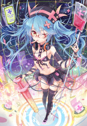 Rule 34 | 1girl, akabane (zebrasmise), argyle, argyle clothes, argyle legwear, arm ribbon, black skirt, blood, blood bag, blue hair, bra, chain, choker, cross, drugs, fisheye, flat chest, foreshortening, frills, front-tie top, glasses, hair ornament, hat, headphones, highres, holographic monitor, intravenous drip, large syringe, lingerie, long hair, md5 mismatch, miniskirt, multicolored eyes, nail polish, nurse cap, one eye closed, original, oversized object, pill, pinky out, red cross, red eyes, resolution mismatch, ribbon, scar, scissors, skindentation, skirt, solo, source larger, space, star (sky), syringe, thermometer, thighhighs, twintails, underwear