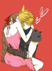 Rule 34 | 1boy, 1girl, aerith gainsborough, arm around neck, arm around waist, armor, bandaged arm, bandages, bare shoulders, belt, blonde hair, blue shirt, bow, bracelet, brown hair, closed eyes, cloud strife, couple, dress, earrings, fig82117s, final fantasy, final fantasy vii, final fantasy vii remake, flower earrings, gloves, hair bow, halter dress, halterneck, heart, hetero, highres, jewelry, kiss, long hair, muscular, muscular male, official alternate costume, parted bangs, pink dress, red background, red bow, ringlets, shirt, short hair, shoulder armor, single earring, sleeveless, sleeveless turtleneck, spiked hair, square enix, suspenders, turtleneck, upper body, wall market