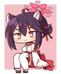 Rule 34 | 1girl, :3, ahoge, animal ears, bare shoulders, black choker, black hair, blue archive, blue flower, blush, breasts, brown eyes, chibi, choker, closed mouth, commentary request, flower, full body, hair between eyes, hair bun, hair flower, hair ornament, halo, hana kazari, highres, japanese clothes, kaede (blue archive), kimono, long sleeves, looking at viewer, medium breasts, pink background, pleated skirt, red flower, red sailor collar, red skirt, ribbon-trimmed legwear, ribbon-trimmed sleeves, ribbon trim, sailor collar, sidelocks, sitting, skirt, sleeveless, sleeveless kimono, sleeves past wrists, solo, thick eyebrows, thighhighs, two-tone background, v-shaped eyebrows, white background, white kimono, wide sleeves