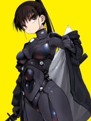 Rule 34 | 1girl, black bodysuit, black gloves, black hair, black jacket, bodysuit, breasts, brown eyes, brown hair, character request, closed mouth, gloves, highres, holding, holding weapon, jacket, long hair, long sleeves, medium breasts, open clothes, open jacket, ponytail, rai rai rai, simple background, skin tight, solo, weapon, yachima tana, yellow background