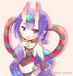 Rule 34 | 1girl, :d, bare shoulders, black sleeves, blush, brown background, chibi, chinese clothes, collarbone, detached sleeves, dudou, fang, fate/grand order, fate (series), hand up, headpiece, heart, horns, kou hiyoyo, long hair, long sleeves, looking at viewer, navel, oni, open mouth, purple eyes, purple hair, purple sleeves, shadow, short eyebrows, shuten douji (fate), shuten douji (fate/grand order), shuten douji (halloween caster) (fate), skin-covered horns, sleeves past wrists, smile, solo, twitter username, wide sleeves