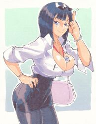 Rule 34 | 1girl, bag, breast pocket, breasts, cleavage, female focus, hand on own hip, handbag, highres, inkerton-kun, large breasts, looking at viewer, nico robin, office lady, one piece, outside border, pantyhose, pocket, short hair, skirt, smile, solo, sunglasses on head, thick thighs, thighs