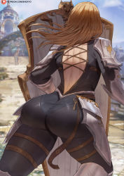 Rule 34 | 1girl, armor, ass, ass focus, back, back cutout, black bodysuit, blonde hair, blue sky, blurry, blurry background, bodysuit, clothing cutout, cloud, criss-cross back-straps, facing away, from behind, highres, kisara (tales), leg armor, long hair, outdoors, patreon username, pauldrons, see-through, shexyo, shield, shoulder armor, sky, solo, tales of (series), tales of arise, thighs