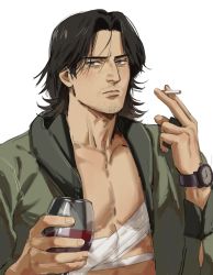 Rule 34 | 1boy, absurdres, alcohol, chalice, cigarette, commentary, cup, drinking glass, dudlesnoodles, english commentary, facial hair, highres, holding, looking at viewer, male focus, monster (manga), short hair, simple background, smoking, solo, stubble, tagme, tenma kenzou, watch, white background, wine, wine glass, wristwatch