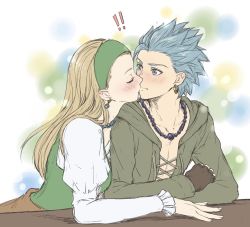 Rule 34 | !, !!, 1boy, 1girl, blonde hair, blue eyes, blue hair, blush, brown gloves, camus (dq11), closed mouth, collarbone, dragon quest, dragon quest xi, dress, earrings, closed eyes, fingerless gloves, gloves, green dress, green jacket, hairband, highres, hood, hood down, hooded jacket, imminent kiss, jacket, jewelry, juliet sleeves, long hair, long sleeves, looking at another, mondi hl, necklace, puffy sleeves, senya (dq11), short hair, spiked hair, spoken exclamation mark, surprised