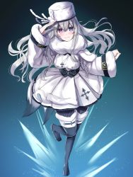 Rule 34 | 1girl, azur lane, black footwear, black pantyhose, blue background, blue eyes, blush, boots, breasts, clenched hand, closed mouth, coat, coat dress, commentary, cross, cross necklace, dress, full body, fur-trimmed collar, fur-trimmed dress, fur-trimmed sleeves, fur hat, fur trim, gradient background, hair between eyes, hand up, hat, heterochromia, highres, jewelry, large breasts, long hair, looking at viewer, marumai, murmansk (azur lane), necklace, pantyhose, papakha, purple eyes, salute, sidelocks, simple background, smile, solo, standing, standing on one leg, thigh boots, thighhighs, white dress, white hat