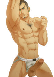 Rule 34 | 1boy, abs, armpits, bara, bulge, buzz cut, chest hair, clothing aside, earrings, erection, erection under clothes, facial hair, feet out of frame, frown, goatee, green eyes, jewelry, jockstrap, large pectorals, looking to the side, male focus, male underwear, male underwear aside, mature male, muscular, muscular male, navel, navel hair, nipples, original, pectorals, penis, print male underwear, short hair, sideburns, solo, stomach, striped, thick thighs, thighs, topless male, uncensored, underwear, underwear only, very short hair, white male underwear, xiawenjie