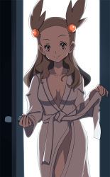 Rule 34 | breasts, brown eyes, brown hair, cleavage, creatures (company), game freak, hair ornament, jasmine (pokemon), long hair, looking at viewer, nintendo, pokemon, pokemon gsc, robe, sexually suggestive, simple background, smile, undressing, vivivoovoo