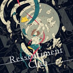 Rule 34 | 1girl, album cover, album name, ammonite, animal skeleton, black background, blue hair, blue skirt, brown hair, colored inner hair, cover, cube, expressionless, fish, fish request, floating, floating hair, highres, looking to the side, mitsuki sanagi, monochrome background, multicolored hair, oarfish, parted lips, shirt, short hair, short sleeves, skirt, solo, squid, tadpole, tentacles, thighhighs, vampire squid, vocaloid, whale, white shirt, wide shot
