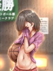 Rule 34 | 1girl, ball, basketball, basketball (object), black hair, blunt bangs, blurry, clothes lift, commentary request, covered eyes, depth of field, hand on own hip, lifted by self, midriff, navel, original, ra-yu, shirt lift, short hair, solo, sportswear, stomach, sweat, upper body, wiping sweat