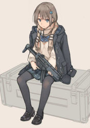 Rule 34 | 1girl, blue eyes, brown hair, crate, gun, h&amp;k mp5, heckler &amp; koch, holding, holding gun, holding weapon, jacket, jacket on shoulders, loafers, original, pantyhose, plaid, plaid skirt, scarf, school uniform, shoes, simple background, sitting, skirt, solo, submachine gun, trigger discipline, weapon, xiao qiang (overseas)