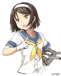 Rule 34 | 1girl, adapted turret, black hair, blouse, cannon, commentary request, cropped torso, dated, gloves, hairband, highres, index finger raised, kantai collection, minosu, neckerchief, one-hour drawing challenge, open mouth, school uniform, serafuku, shirt, short hair, short sleeves, simple background, solo, tanikaze (kancolle), turret, upper body, white background, white gloves, white hairband, white shirt, yellow neckerchief