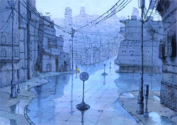 Rule 34 | 1girl, bad id, bad pixiv id, blue theme, city, cityscape, flood, ishida hiroyasu, monochrome, muted color, pavement, perspective, power lines, rain town, reflection, road, road sign, robot, scenery, sign, signature, sketch, street, utility pole, water