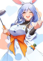 Rule 34 | 1girl, animal ear fluff, animal ears, apron, blue hair, blush, braid, braided ponytail, breasts, highres, hololive, large breasts, long hair, looking at viewer, mature female, multicolored hair, one eye closed, open mouth, pekomama, rabbit ears, rabbit girl, red eyes, short eyebrows, smile, solo, soup ladle, teeth, thick eyebrows, upper teeth only, virtual youtuber, white hair, yamaki (yamaki801)