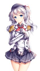 Rule 34 | 10s, 1girl, blue eyes, cowboy shot, epaulettes, frilled sleeves, frills, hat, highres, kantai collection, kashima (kancolle), legs, long hair, military, military uniform, silver hair, skirt, solo, thigh gap, twintails, uniform, white background, wsman