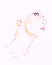 Rule 34 | 1girl, blue eyes, commentary, english commentary, from side, grey background, highres, ilya kuvshinov, lips, original, parted lips, ponytail, short hair, simple background, solo, white hair