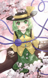 Rule 34 | 1girl, absurdres, beckody, black hat, blush, buttons, cherry blossoms, commentary request, diamond button, eyeball, falling petals, flower, frilled shirt collar, frilled sleeves, frills, green eyes, green hair, green skirt, hat, hat ribbon, heart, heart of string, highres, komeiji koishi, long sleeves, open mouth, petals, ribbon, shirt, sitting on branch, skirt, smile, solo, third eye, touhou, wide sleeves, yellow ribbon, yellow shirt