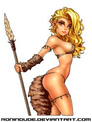 Rule 34 | 1girl, armlet, blonde hair, breasts, cave elf (ronindude), commentary, elf, eyebrows, highres, holding, holding weapon, lips, long hair, looking at viewer, medium breasts, original, pointy ears, polearm, revision, ronindude, sideboob, solo, spear, tail, tribal, wavy hair, weapon, yellow eyes