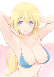 Rule 34 | 10s, 1girl, alternate costume, armpits, arms up, atago (kancolle), bikini, blonde hair, blue eyes, blush, breasts, highres, kantai collection, large breasts, long hair, looking at viewer, navel, smile, solo, swimsuit, wa (genryusui)