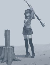 Rule 34 | 1girl, breasts, collared shirt, day, full body, grass, hamsterfragment, hand wraps, holding, log, long hair, long sleeves, medium breasts, monochrome, no nose, open mouth, original, outdoors, pixel art, pleated skirt, ribbon, shirt, shoes, skirt, socks, solo, standing, suicidal girl (hamsterfragment), teeth, thighhighs, tree stump, upper teeth only