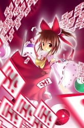 Rule 34 | 1girl, ascot, bow, brown eyes, brown hair, danmaku, detached sleeves, dress, female focus, gohei, hair bow, hakurei reimu, long sleeves, looking at viewer, ofuda, outstretched arms, ponytail, red bow, red dress, ribbon-trimmed sleeves, ribbon trim, solo, standing, toto nemigi, touhou, wide sleeves